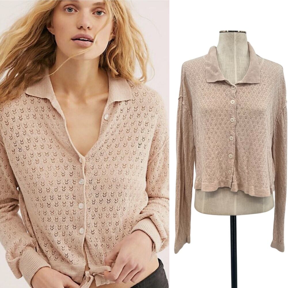 Free People Betty Cardigan Sweater Linen Blend‎ Beige Tan Size XL